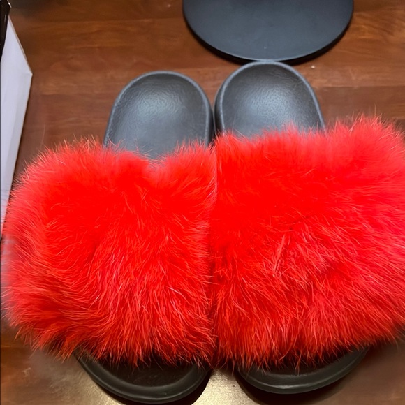 Red Furry Slide Sandals - Picture 1 of 6